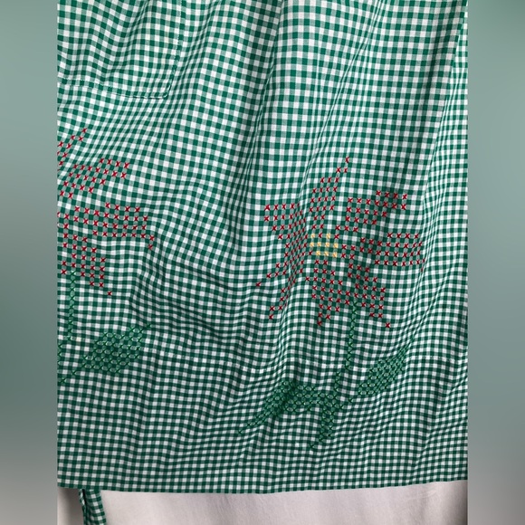 Vintage Handmade Green Gingham Kitchen Waist Apron with Stitched Poinsettias - Picture 3 of 10